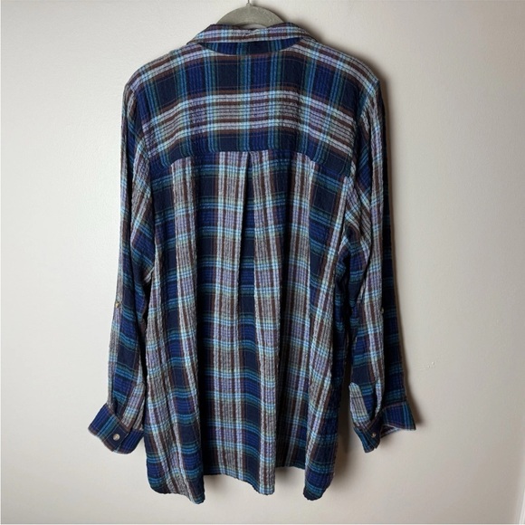 Intro Shirt Plus Size 1X Top 3/4 Roll-Tab Sleeves Button Up Plaid Blue Purple - Picture 5 of 7